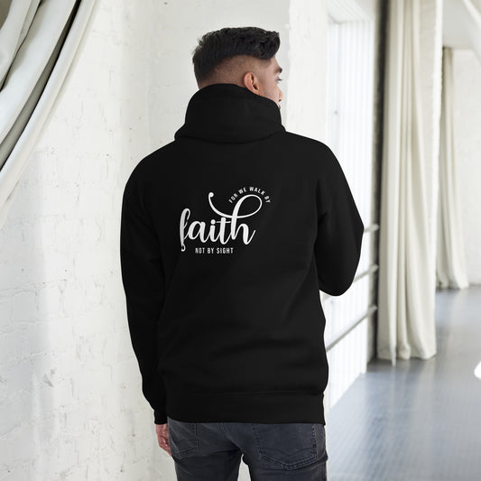 Christian Apparel, Christian hoodie, black, back view, with graphic print for we walk by faith and not by sight.