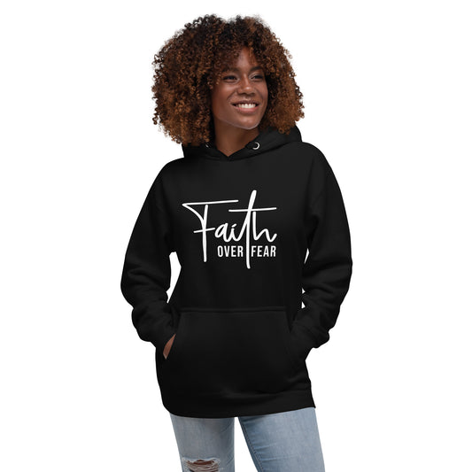 Christian apparel, Black Christian hoodie, front view with graphic design faith over fear