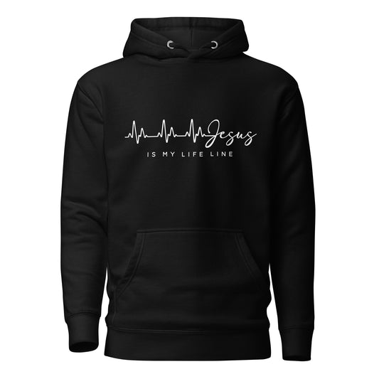 Christian apparel, Christian hoodie, black, front view, graphic design