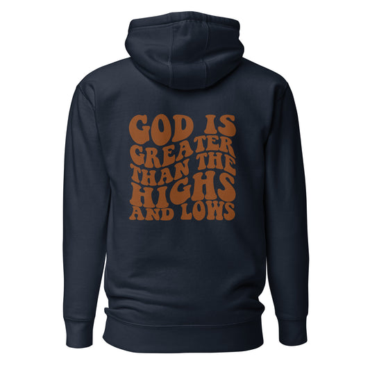 Christian apparel, Christian hoodie, blue with brown graphic design, back view