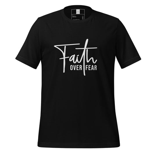 Christian apparel, Christian Tee Shirt, black, frontal view with graphic print Faith over fear