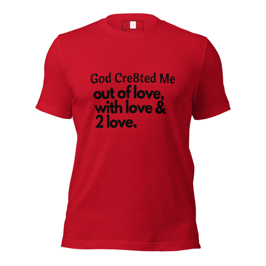 Christian tee shirt, Christian T-shirt, red, frontal view, with graphic design print God Created Me out of love
