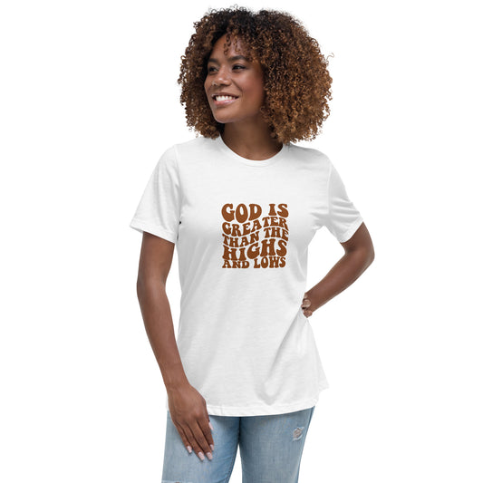 Christian Tee shirt, front view, white, with graphic design, God is Greater
