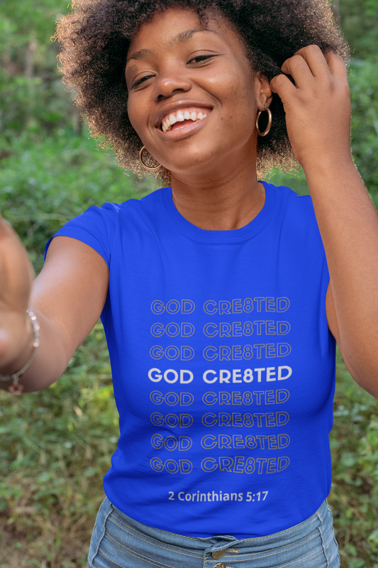 Christian Tee Shirt, Christian T-Shirt royal blue, God Cre8ted, front view