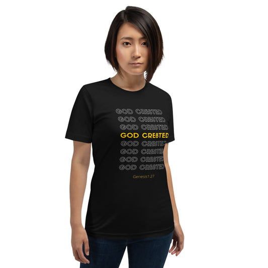 Christian Tee Shirt, Christian T-Shirt, black, front view, with graphic print God Cre8ted